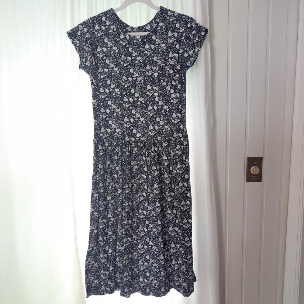 Womens Unbranded Navy Blue Floral Midi Dress Medium Excellent Vintage Cap Sleeve